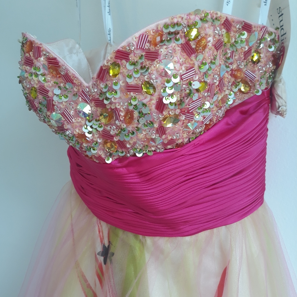 Pink multicolor sequin beaded strapless abstract floral print tulle prom dress - Picture 4 of 8